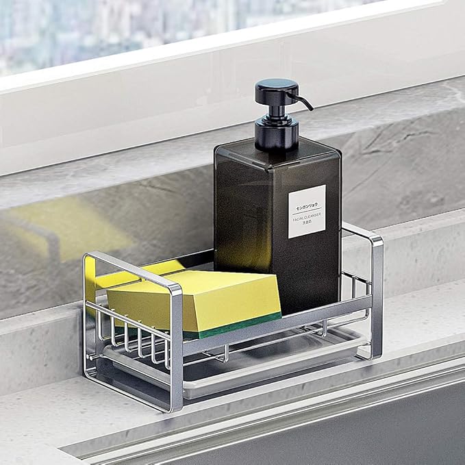 2 Pack Kitchen Sponge Holder - Kitchen Sink Organizer - Sink Caddy - Sink Tray - Soap Holder - Stainless Steel,Silver+White
