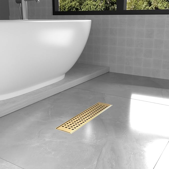 Linear Shower Drain | 18 Inch AISI 304 Stainless Steel Shower Drain, Brushed Gold Linear Drain with Removable Quadrato Grate Cover & Adjustable Feet, Rectangle Floor Drain, in Bathroom Balcony etc