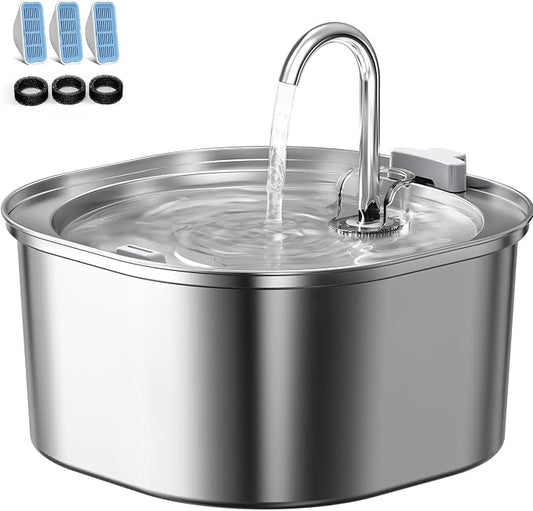 PEKTACO Cat Water Fountain, 3.2L Pet Drinking Fountain with 3 Filters | Stainless steel cat drinking fountain, dishwasher safe, with triple filtration, quiet pump, faucet for cats and small pets