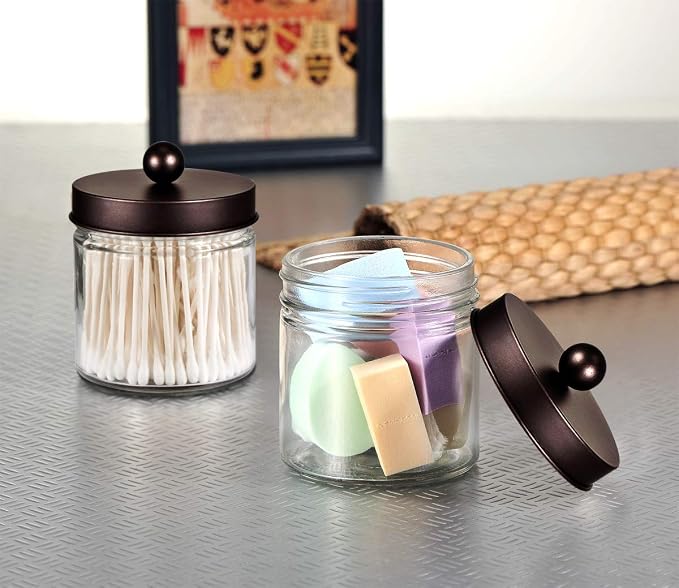 SheeChung Glass Mason Jar Qtip Holder, Bronze Stainless Steel Lids, 2 Pack | Clear Apothecary Jar Canisters Set,Bathroom Jar Dispenser,Vanity Storage Organizer for Cotton Swab,Ball,Floss,Farmhouse Decor