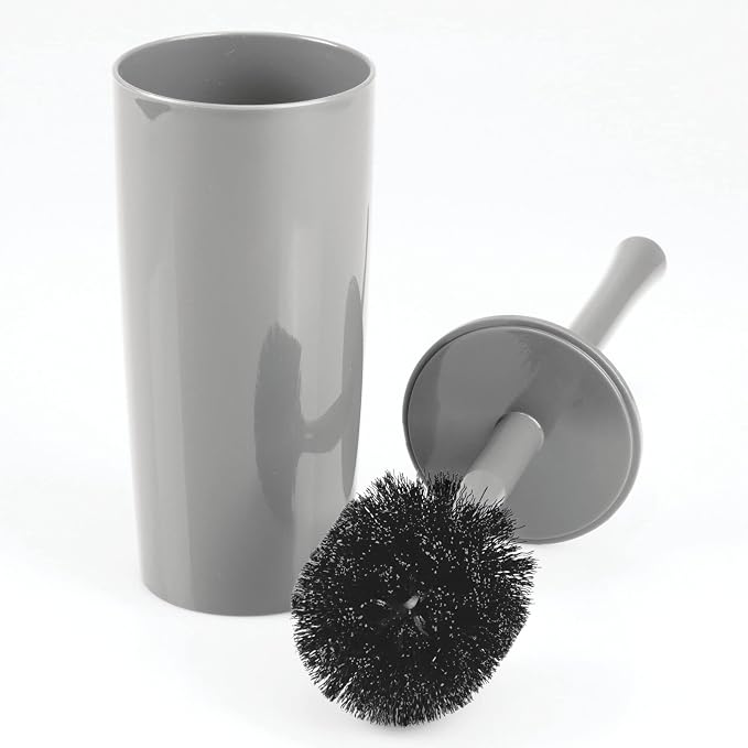 mDesign Slim Plastic Toilet Bowl Brush and Holder Set, Modern Compact Storage Organizer Cleaner Scrubber for Toilet - Heavy Duty Cleaning Plunger for Bathroom, Aura Collection - Gray