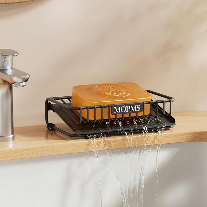 MOPMS Self Draining Soap Dish, Carbon Steel Bar Soap Holder for Shower | Waterfall Design Soap Saver for Bathroom, Kitchen Sink and Countertop, Sponges, Dispensers, Black