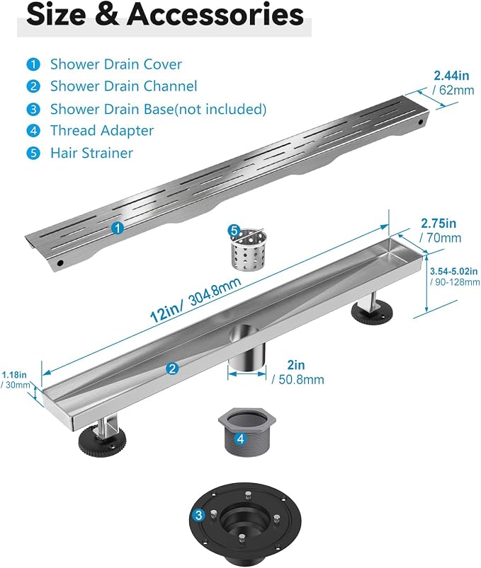 Shower Drain Stainless Steel for Bathroom: Brushed Nickel Linear Shower Drain 12 Inch with Removable Brick Pattern Grate - Adjustable Rectangular Shower Floor Drain with Hair Strainer