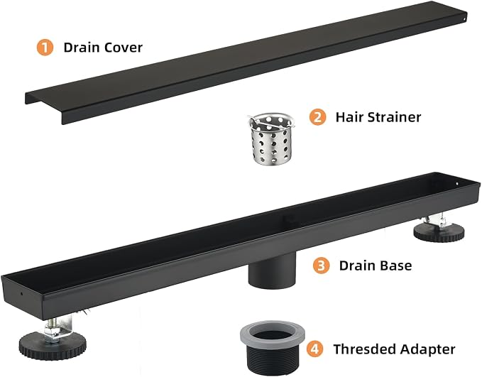 Linear Shower Drain ，with Tile Insert Panels ，48 Inch Black 304 Stainless Steel Rectangle Shower Floor Drain，with Hair Catcher, Adjustable Feet，Fits Bathroom, Balcony