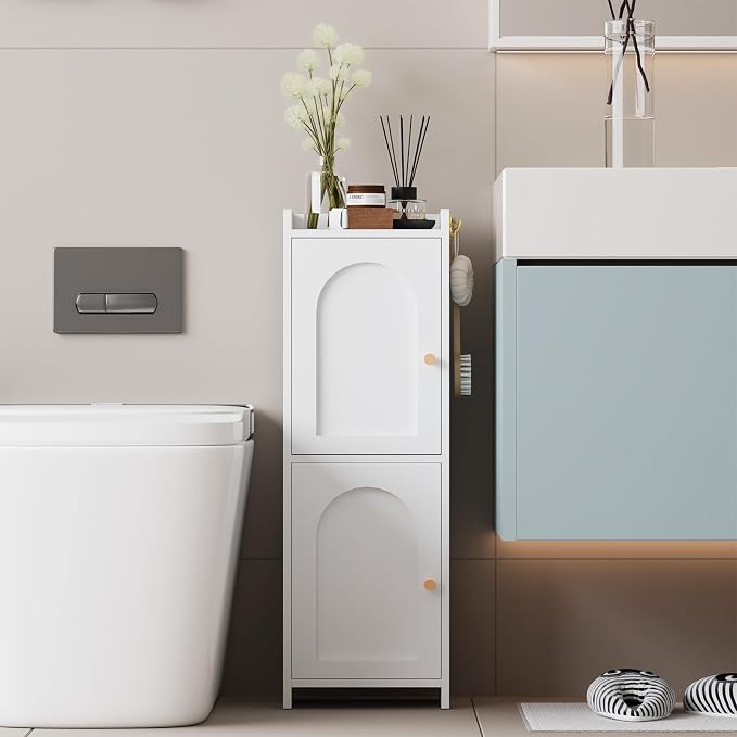 Arbuxzuy Small Bathroom Storage Cabinet,Corner Floor Cabinet with 2 Doors and Adjustable Shelf, Narrow Toilet Paper Cabinets with 2Hooks,Toilet Organizer for Small Spaces，7.87"D*9.84"W*29.72"H(White)