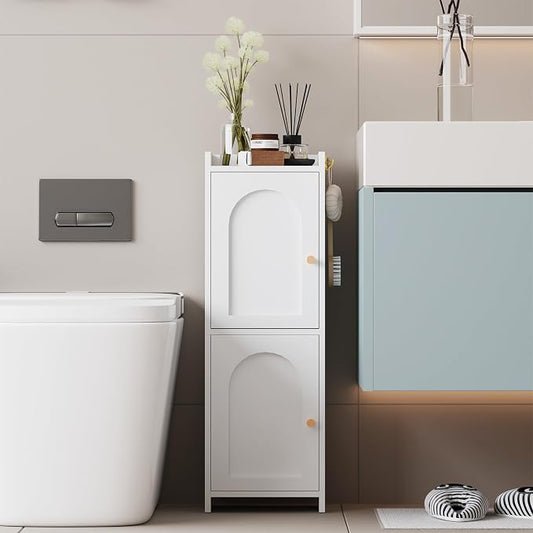 Arbuxzuy Small Bathroom Storage Cabinet,Corner Floor Cabinet with 2 Doors and Adjustable Shelf, Narrow Toilet Paper Cabinets with 2Hooks,Toilet Organizer for Small Spaces，7.87"D*9.84"W*29.72"H(White)