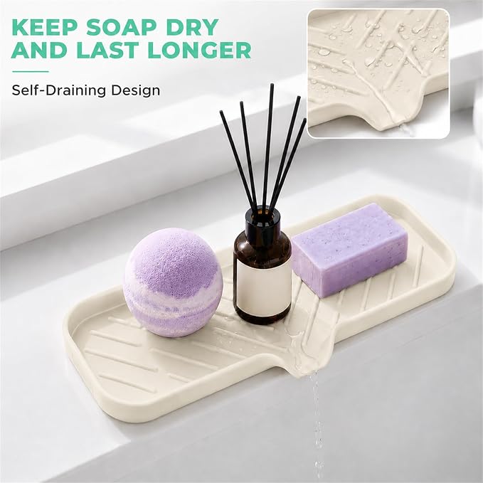 MicoYang Silicone Soap Dish with Drain Spout — Self-Draining Double Sink Organizer Tray for Kitchen & Bathroom, Dispensers, Sponges & Soap Holder, Non-Slip & Dishwasher Safe, Tapioca (Large, 12"×4")