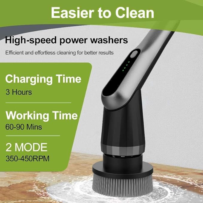Electric Spin Scrubber, Cordless IPX7 Waterproof, Dual Speed Shower Scrubber with Adjustable Long Handle, 7 Replaceable Brush Heads for Bathroom, Bathtub, Tile Floor, Toilet, Kitchen & Car