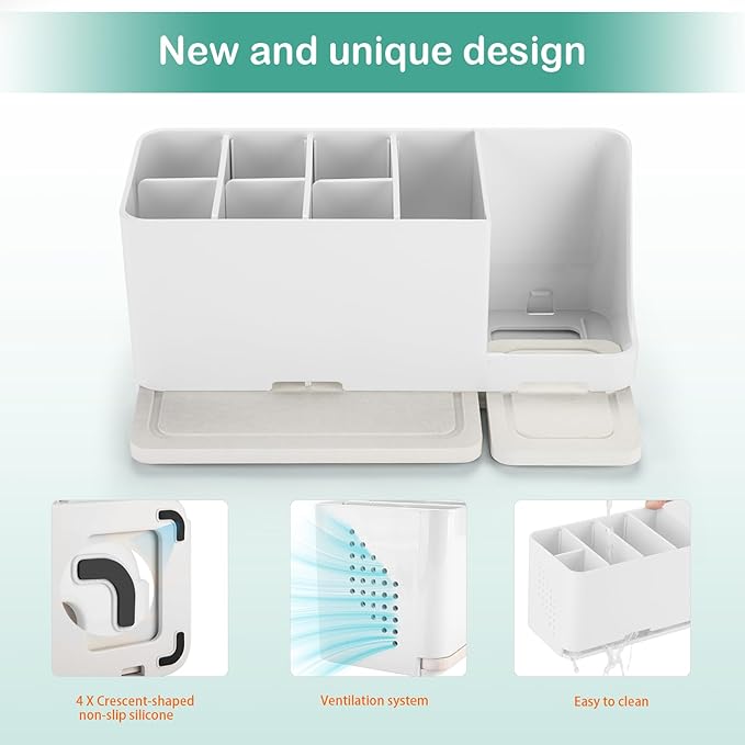 YONGAIJIA 8-Slot Toothbrush Holder with Quick-Dry Diatom Mud Board - Electric & Manual Toothbrush Organizer for Bathroom Countertop (White)