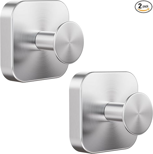 Aikzik Adhesive Hooks for Shower, Heavy Duty Replaceable Sticky Large Wall Towel Hooks for Hanging Towel, Robe, Coat, Stainless Steel Hook for Bathroom and Door, Waterproof & Rustproof - 2 Pack,Silver