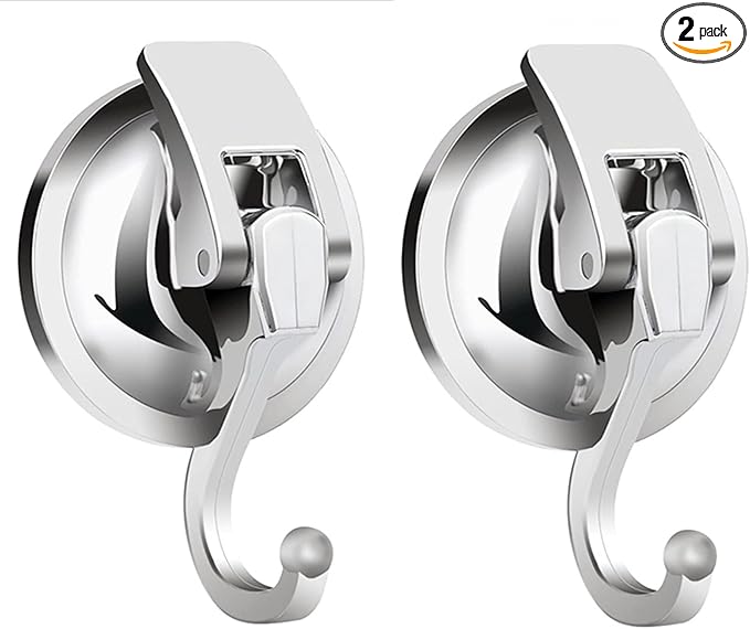 Heavy Duty Suction Cup Hooks for Shower Door Glass Window - Waterproof Vacuum Suction Wreath Hanger for Bathroom Kitchen Tile, No-Drill Reusable Towel Robe Loofah Hook, 2 Pack (Silver)