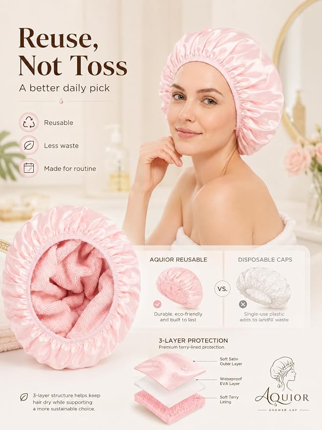 Aquior Shower Cap,Triple Layer Shower Cap for Women, Reusable Waterproof Bath Cap,Silky Satin Outer Layer Terry Lining, Extra Large for Women Long Hair(Pink)