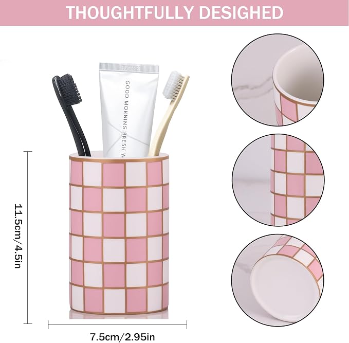 Checkered Bathroom Toothbrush Holder, Bathroom Black and White Ceramic Toothbrush Holder, Modern Toothbrush Box, Used for Bathroom countertop Storage Rack, Checkered Bathroom Decoration (Pink)