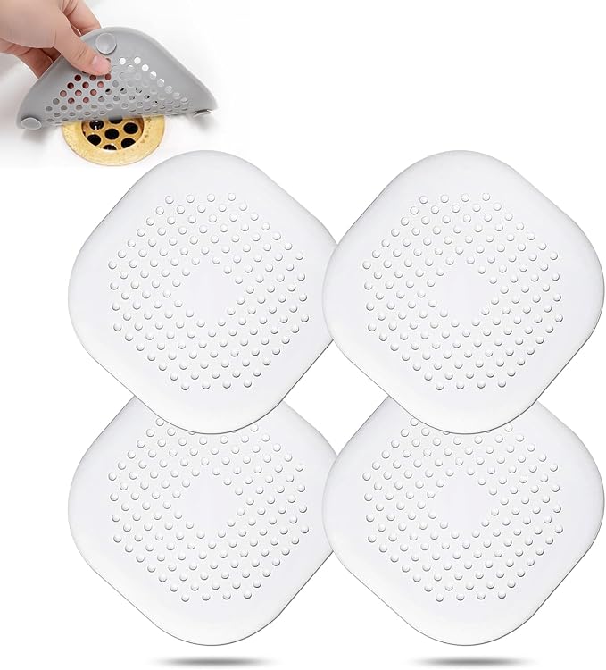 Bovinde Hair Drain Catcher,Square Cover for Shower 4 Pack (Pure White) | Drainer Cover Silicone Hair Stopper with Suction Cups,Protector Accessories,Easy to Install Suit for Bathroom,Bathtub,Sink