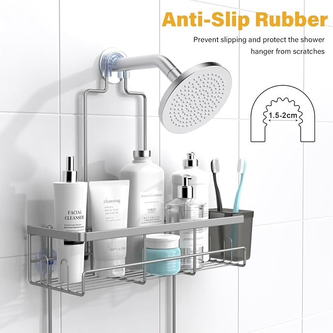 Hanging Shower Caddy Over Showerhead - Rustproof No Drill Shower Organizer | Includes Soap Holder and Hooks for Shampoo, Conditioner, and Bathroom Essentials with Quick Drainage Design