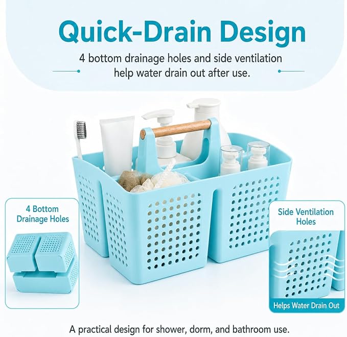 Portable Shower Caddy Basket with Wood Handle, 3-Compartment Bathroom Organizer Tote with Drain Holes, Plastic Shower Basket for Dorm, Toiletries, Cleaning Supplies, Light Blue