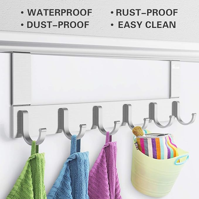 Door Hooks Hanger Rack, Aluminum Utility Organizer Holder for Kithchen Bathroom, 6 Hooks Over the Door Hanger Silver