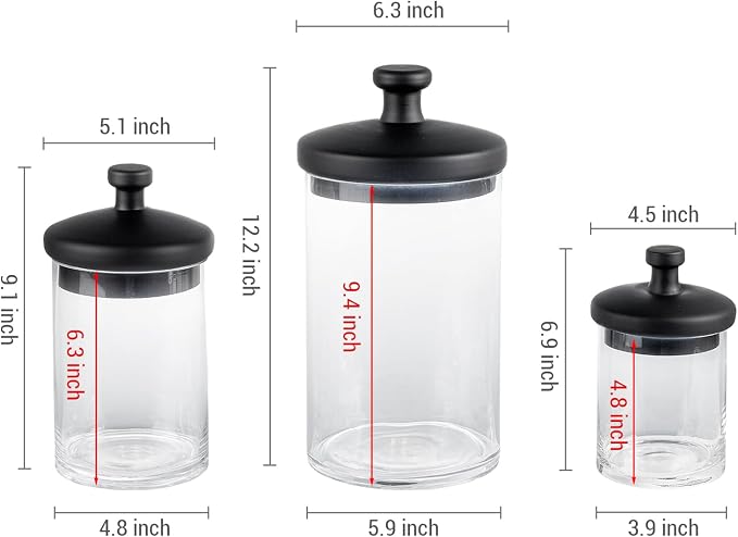 MyGift Glass Apothecary Jars with Black Lids, Set of 3 Storage Canisters | Decorative glass apothecary jars with black lids provide stylish storage for kitchens, bathrooms, candy buffets, and events