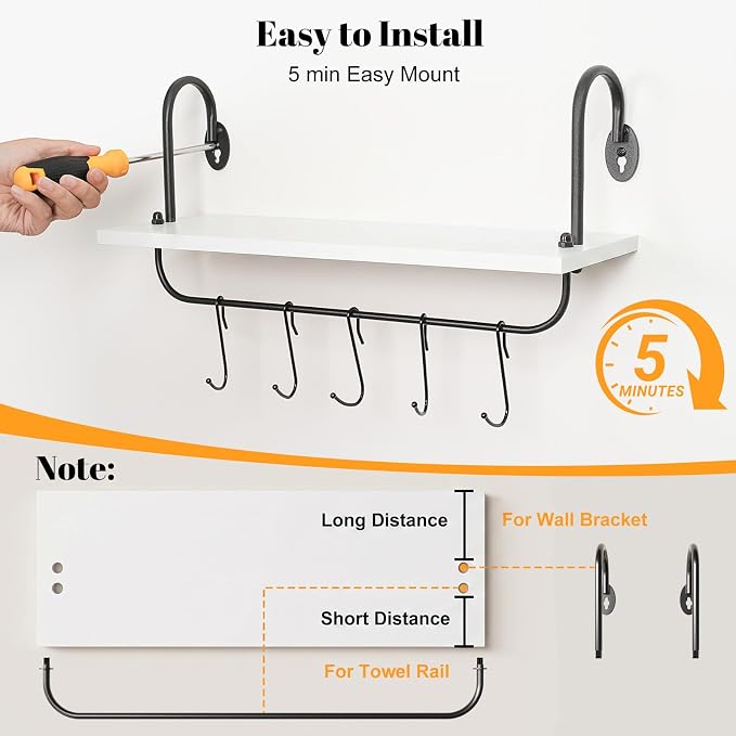 Olakee Floating Wall Shelves for Kitchen Bathroom Coffee Nook with 10 Adjustable Hooks for Mugs Cooking Utensils or Towel Rustic Storage Shelves Set of 2/17x5.9 inch (White)