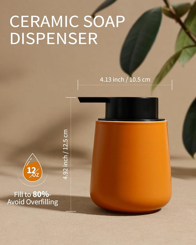 BosilunLife Ceramic Bathroom Accessories Set 3 Pcs | Foaming Soap Dispenser and Toothbrush Holder with Tray, Modern Farmhouse Vanity Decor, Orange Housewarming Gift