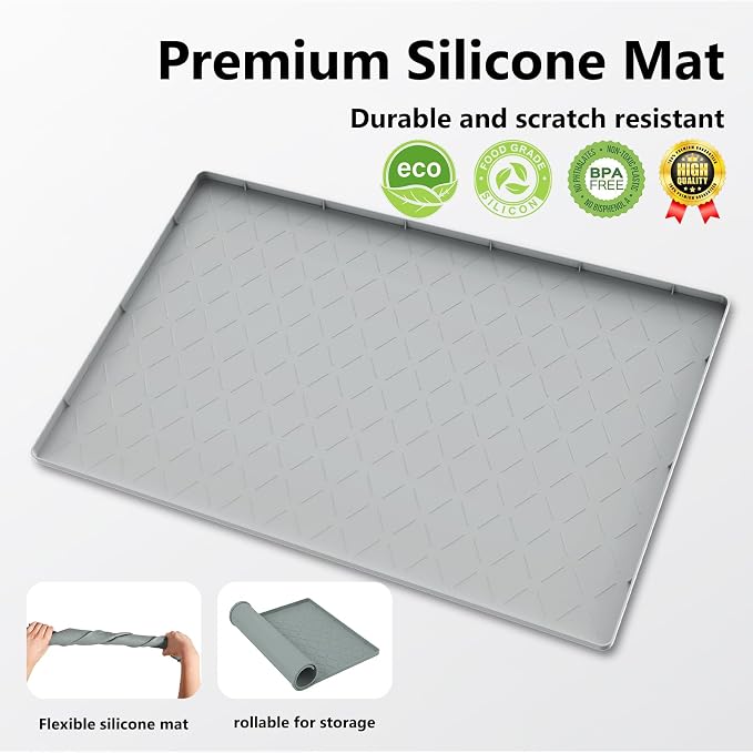 Mateeylife Under Sink Mats for Kitchen Waterproof 31"X22", Undersink Protectors，Silicone Mat Cabinet Liner, Under Sink Organizer for Bathroom and Kitchen，Boot Tray Pet Food Mat, Light Grey