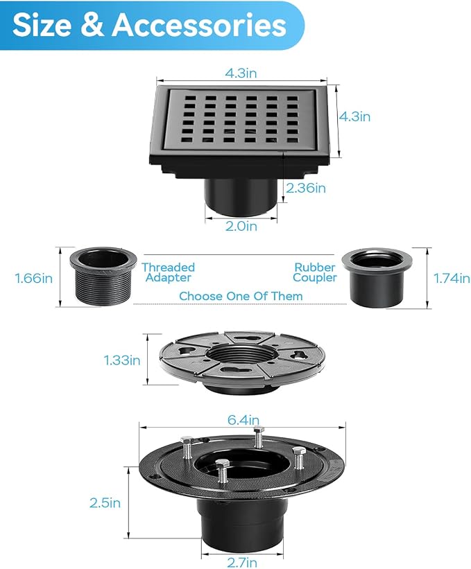 Black Shower Drain 4 Inch with Flange CUPC Certified- Made of 304 Stainless Steel, Square Shower Drain Includes Removable Cover Grid Grate,Thread Adapter