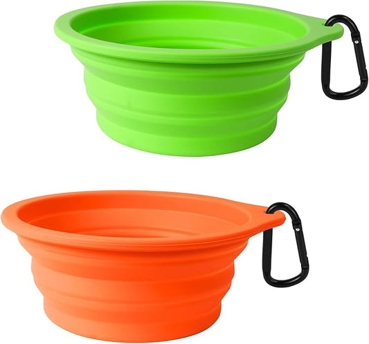 PetBonus 2-Pack Silicone Collapsible Dog Bowls, BPA Free Dishwasher Safe, Portable Foldable Expandable Travel Bowl, Food Water Feeding Cup Dish for Dogs Cats with 2 Carabiners (Green, Orange) | 20 Oz, Silicone, Foldable Expandable Cat Feeding Cup Dish,...