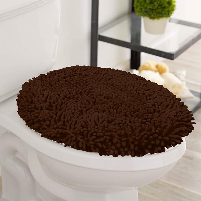 LuxUrux Toilet Lid Cover, Extra-Soft Plush Seat Washable Shaggy Microfiber Standard Toilet Lid Covers for Bathroom Machine Wash & Dry. (18x18 inches, Brown)
