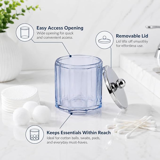 Light Blue Translucent Apothecary Octagional Shaped Glass Canister Jar With Metal Lid Cover for Bathroom Organization, Cotton Balls, Q Tips, and Small Accessories, Bathroom Storage