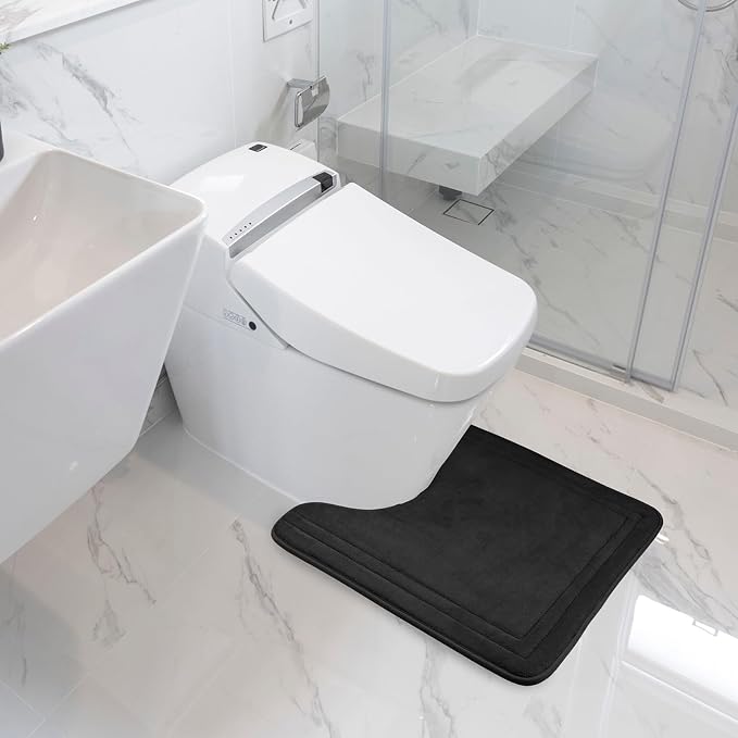 Black Bathroom Rugs Memory Foam Bath Toilet Contour Mat Set 2 Piece | Non Slip Washable Floor Mats U-Shaped Toilet Rug Soft Absorbent Plush Microfiber Shower Tub Bathmat Gray,24"x17"+24"x20"