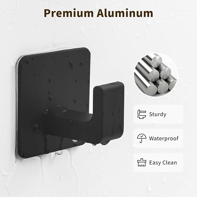 GWAAZXGZ Square Self Adhesive Towel Hooks - 2 Pack Matte Black Metal Hooks, Right-Angle Design for Towels, Robes & Hats, Organize Bathroom, Kitchen, Entryway, Doors, Cabinets on Smooth Surfaces