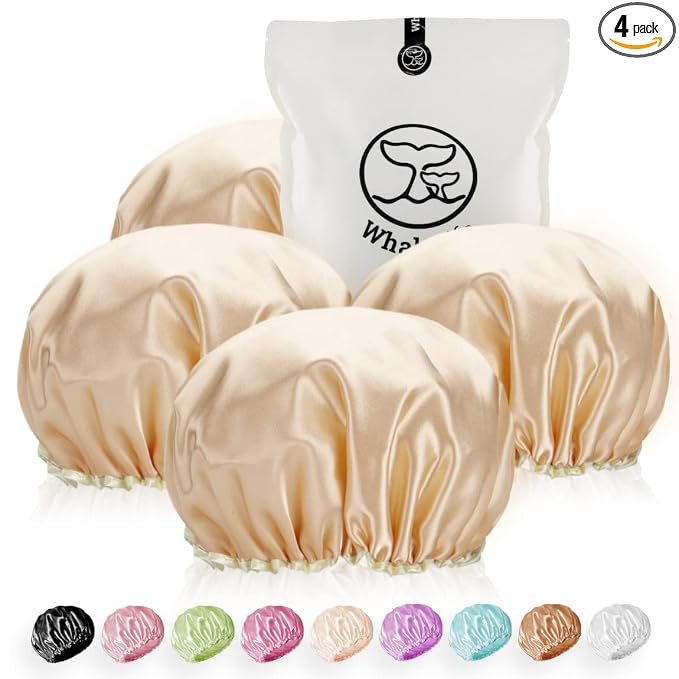 Shower Caps Satin Lined Waterproof for Women Men - 4Pc Golden | Double Layer 100 Percent Dry Jumbo Oversized Fits Thick Hair Smooth Lining Prevents Hair Frizz Snug Elastic Band No Pressure