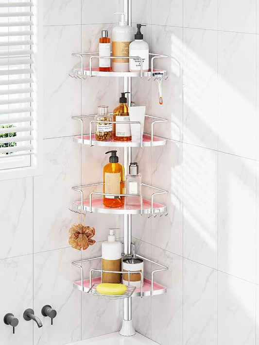 ALLZONE Corner Shower Caddy Tension Pole, 4 Hang-On Basket with Mixed-Height Shelves for Various Bottle Sizes, Extra Hooks & Soap Holder, Rustproof Stainless Steel, Fits 34–116 Inch, Silver/Pink