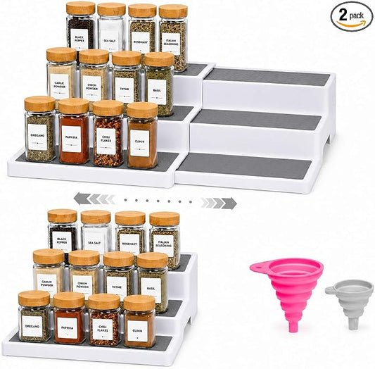 Pack of 2, Expandable 3 Tiered Spice Rack Organizer for Cabinet and Kitchen Pantry Shelf - Non-Slip Shelves for Spices, Seasoning, Canned Food, Medicine Cabinet Organizer - Includes Silicone Funnels