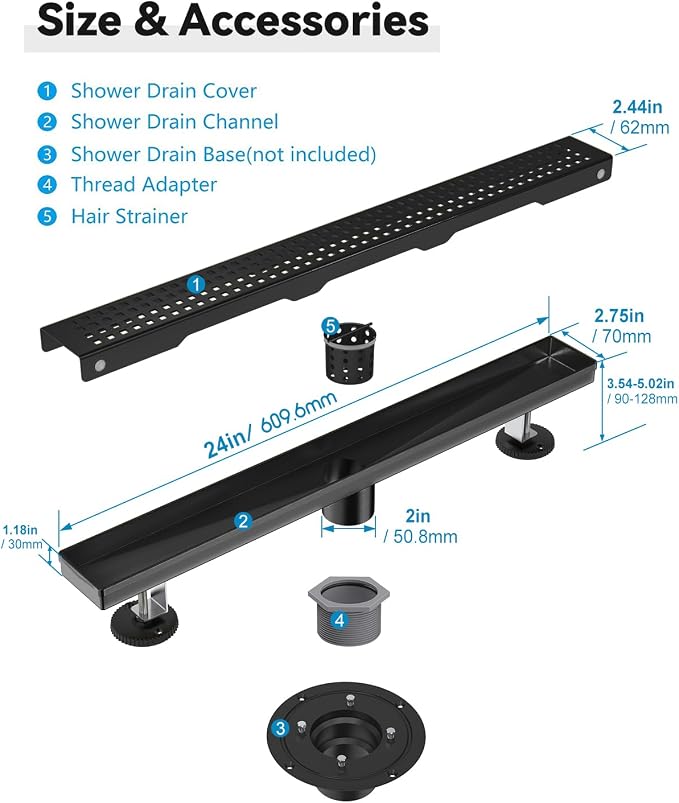Black Shower Drain, 24 Inch Linear Shower Drain with Removable Square Hole Cover Grate, Modern 304 Stainless Steel Matte Black Shower Floor Drain with Adjustable Feet,Hair Strainer, Shower Drain