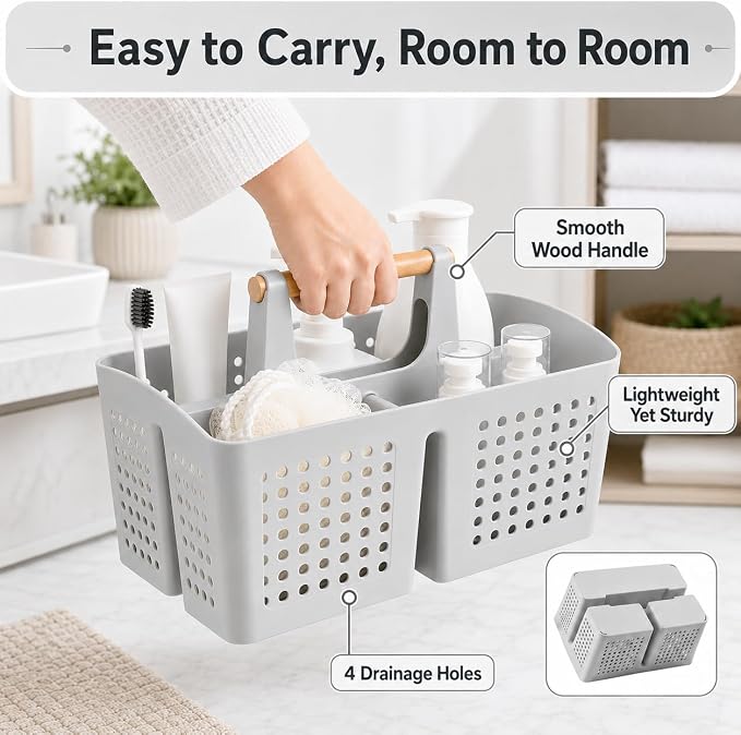 Portable Shower Caddy Basket with Wood Handle, 3-Compartment Bathroom Organizer Tote with Drain Holes, Plastic Shower Basket for Dorm, Toiletries, Cleaning Supplies,Light Gray