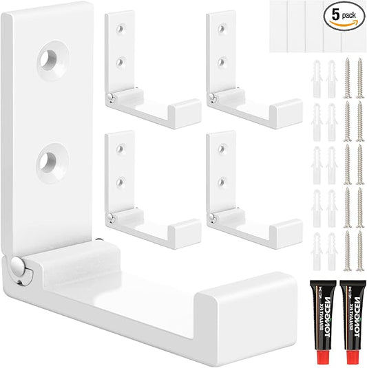 Folding Coat Hooks, 5pcs White Wall Hooks Heavy Duty for Hanging Coat Towel Backpack, Foldable Adhesive Hooks, Headphone Jacket Holder, Aluminum Alloy Hook with Screws for Purse Hat Bag Keys