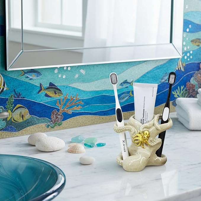 5-inch Gold Octopus Toothbrush Holder - Resin Bathroom Organizer with Mother & Baby Design, Nautical Theme Decor & Suction Cup Base