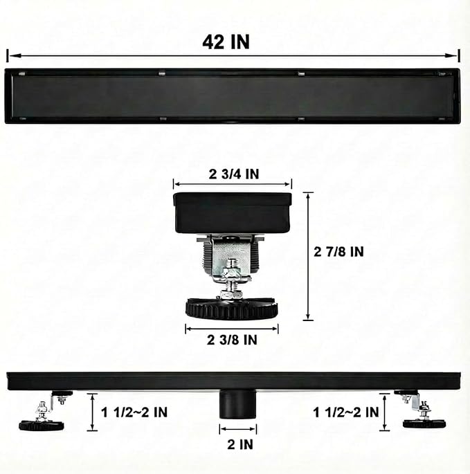 AVSIILE Linear Shower Floor Drain, Black 42 Inch 304 Stainless Steel Bathroom Drains Kit, Rectangular Shower Trench Drain with Reversable Tile-in Pattern Drain Cover & Hair Catcher
