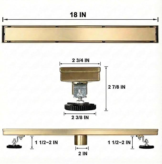 AVSIILE Linear Shower Floor Drain, Brushed Gold 18 Inch 304 Stainless Steel Bathroom Drains Kit, Rectangular Shower Trench Drain with Reversable Tile-in Pattern Drain Cover & Hair Catcher