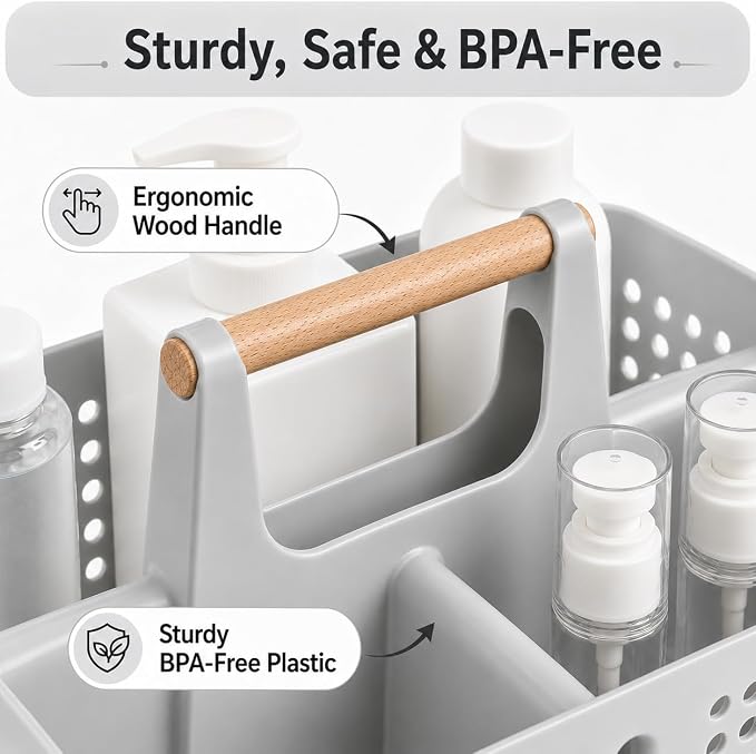 Portable Shower Caddy Basket with Wood Handle, 3-Compartment Bathroom Organizer Tote with Drain Holes, Plastic Shower Basket for Dorm, Toiletries, Cleaning Supplies,Light Gray