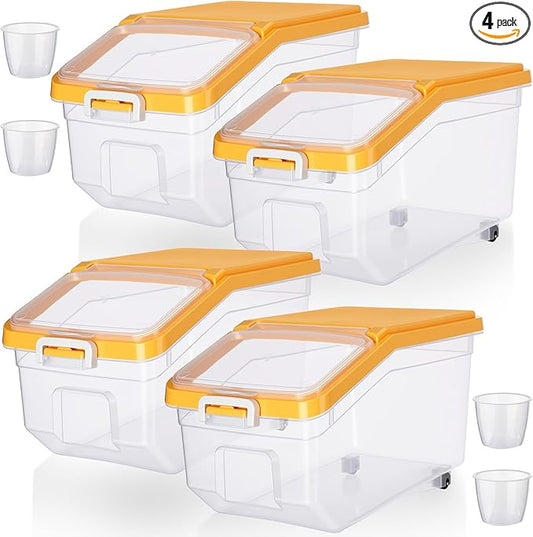 4 Pcs Rice Storage Container 22 lb Airtight Flour Container with Wheels Measuring Cup Clear Pet Dog Cat Birds Food Bin Grain Cereal Organizer Box for Dry Baking Supplies(Yellow Lid)