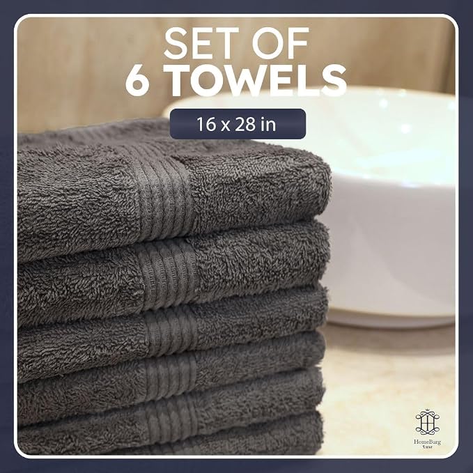 Luxe 6-Piece Hand Towel Set – Soft & Absorbent Cotton, Hotel Quality, Quick-Drying, Easy Care,16 x 28 in (Dark Grey)