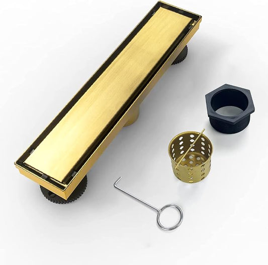 Linear Shower Drain, 12 inch Gold Drain with Tile Insert 2-in-1 Panel, Brushed 304 Stainless Steel Gold Shower Floor Drain, Linear Drain with Hair Strainer and Adjustable Feet