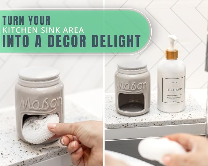 Comfify Grey Mason Jar Ceramic Sponge Holder – Farmhouse Sink Caddy | Grey; mason jar ceramic; 5"H x 3.75" diameter; includes nylon scrubby; embossed 'MASON'; decorative lid; farmhouse