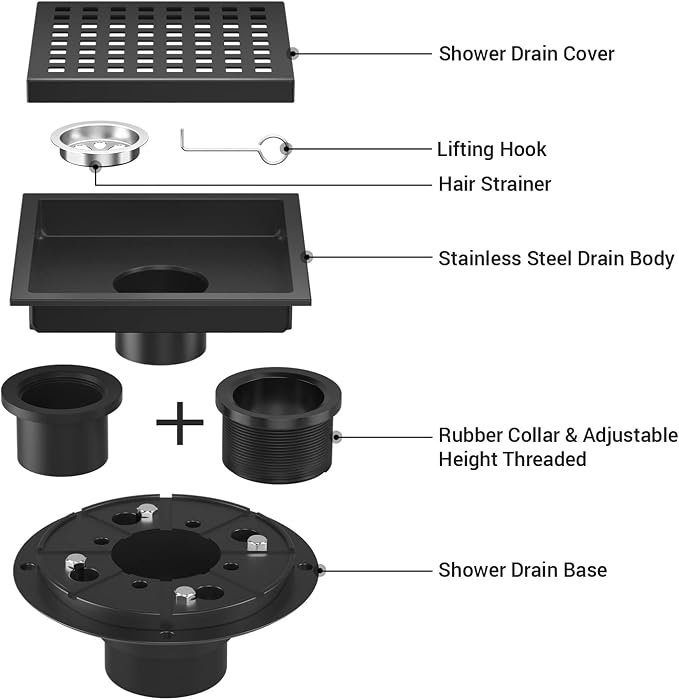 EXF 6-Inch Square Shower Drain with ABS Flange Base, Matte Black 304 Stainless Steel Floor Drain, Removable Grate and Hair Strainer for Modern Bathroom Remodels and Curbless Showers