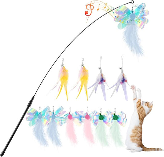 Pawaboo Cat Feather Wand Interactive Toy, 10 Feathers + 1 Wand with Bell | Cat Feather Teaser Toys Flying Catcher Extra Long 34.5" Wand Exerciser Playing Chase Cat Toy Wands for Kitten, Colorful