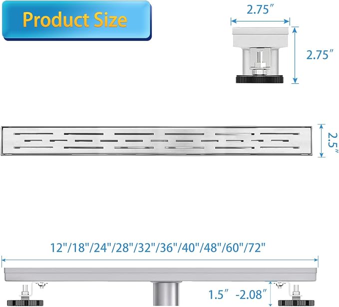Linear Shower Drain, Shower Drain 36 inch with Bar Pattern Grate, Durable AISI 304 Stainless Steel Shower Drain, Linear Drain with Hair Strainer and Leveling Feet