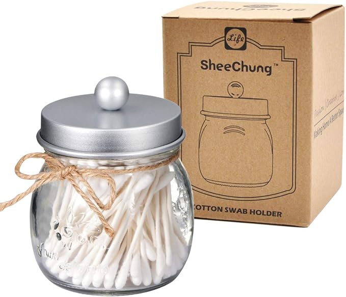 SheeChung 2 Pack Glass Mason Jar Qtip Holder Dispenser,Frosted Silver Lids | Clear Apothecary Jar,Stainless Steel Lids,Small Bathroom Jars Canisters,Vanity Storage Organizer for Cotton Swabs,Balls,Floss