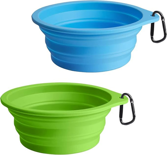 PetBonus 2-Pack Large Silicone Collapsible Dog Bowls, 34oz/1000ml BPA Free Portable Foldable Travel Bowl for Pet Cat, Food Water Feeding Dish for Camping with 2 Carabiners (Light Blue & Green) | 34 Oz, Silicone, Foldable Expandable Cat Feeding Cup Dish...